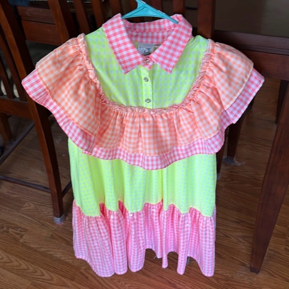 QUEEN OF SPARKLES Dresses & Skirts - Queen of Sparkles Neon Checkered Gingham Sequin Ruffle Dress Size Small